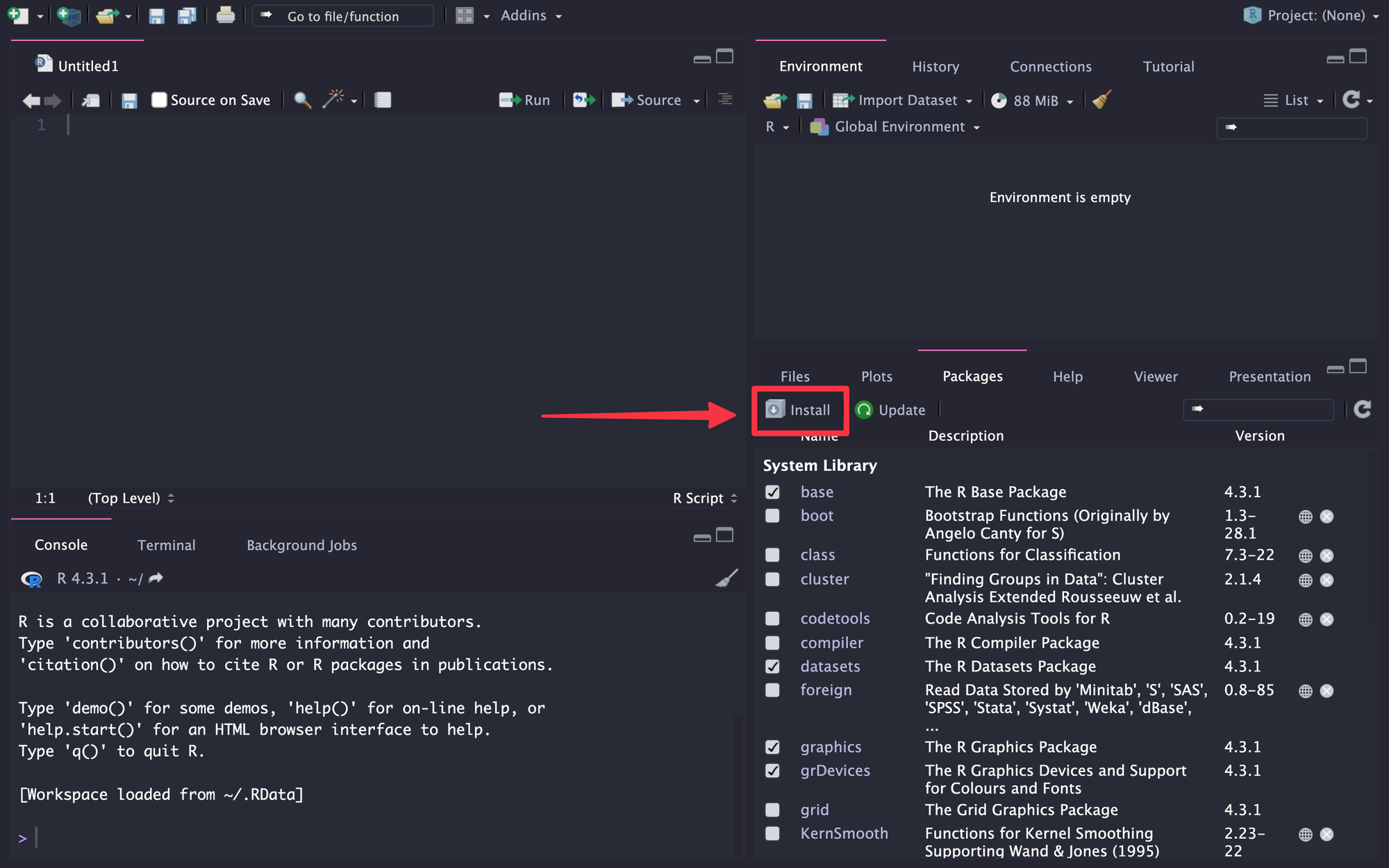 Klik tombol Install  pada menu Packages di RStudio.