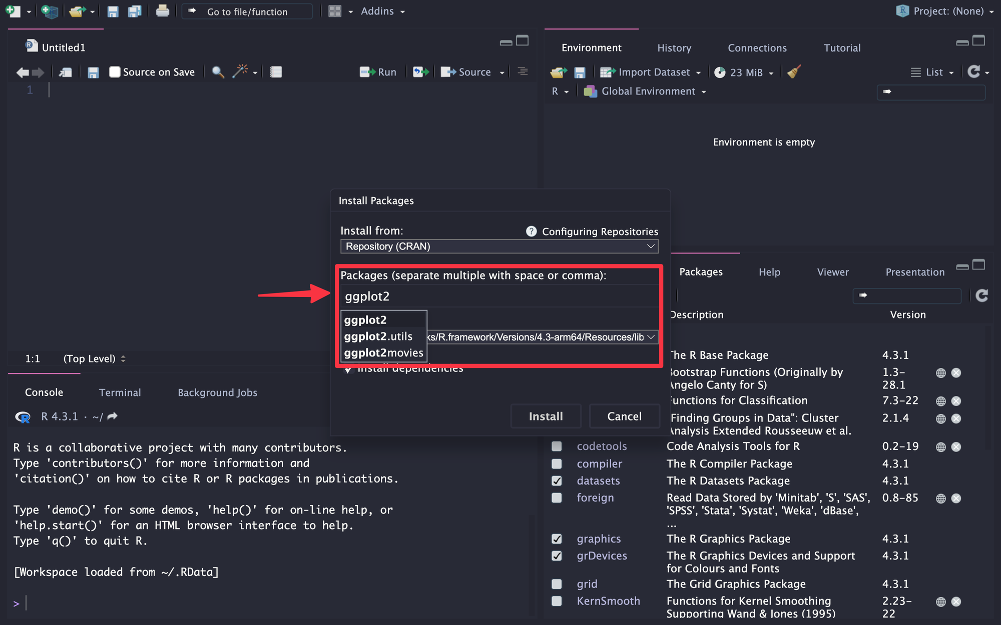 Ketik nama packages yang ingin diinstal. Pada contoh ini kita akan gunakan ggplot2.